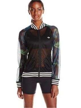 Adidas Black and Blue Bomber Jacket with Green Accents